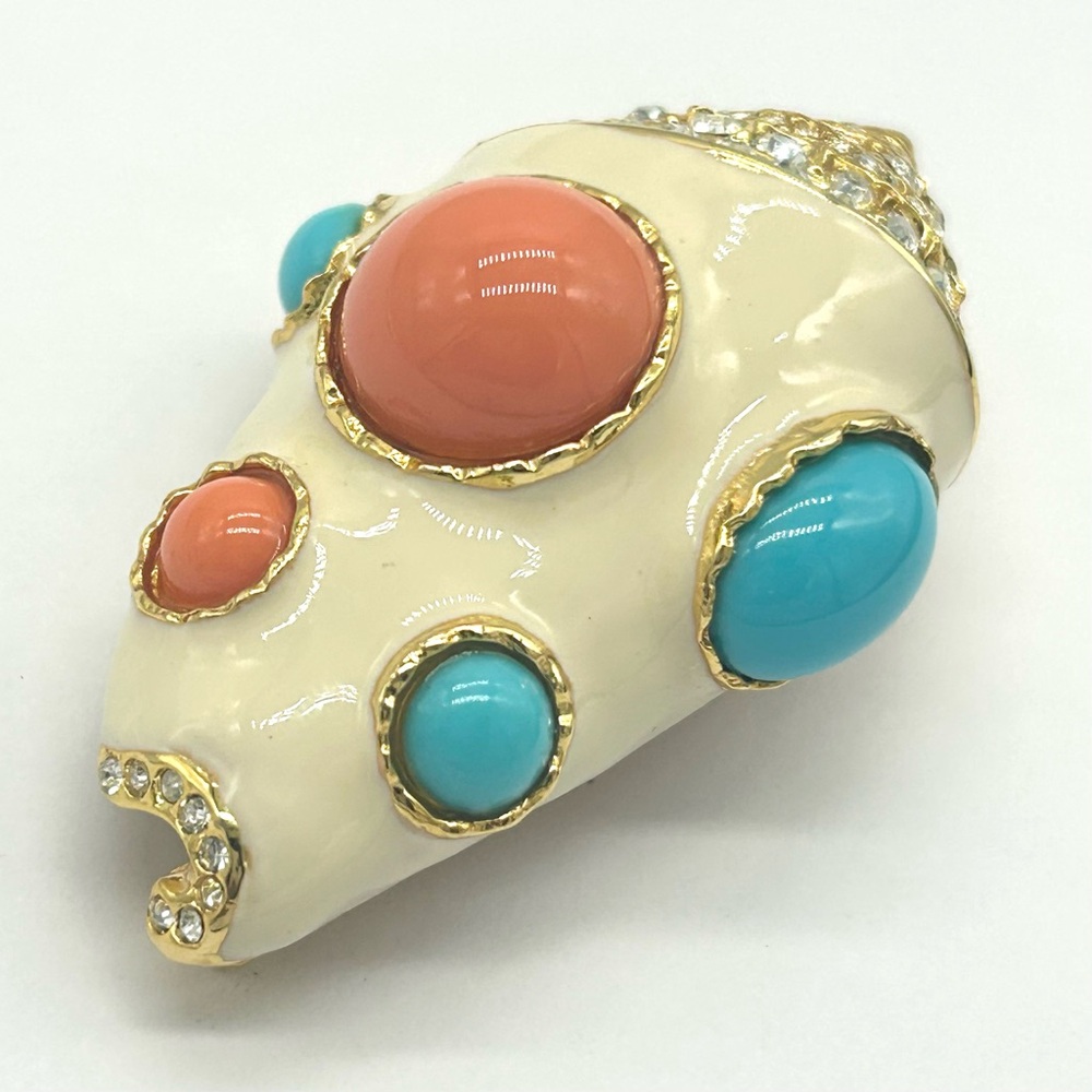 Kenneth J Lane Vintage Kjl Coral Turquoise Cream Crystal Shell Brooch